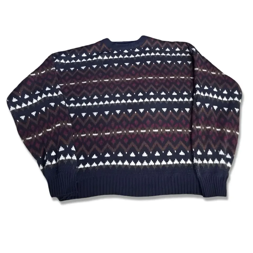 Vintage 90s Navy Blue Burgundy Fair Isle Knit Crewneck Sweater Mens XXL Cozy